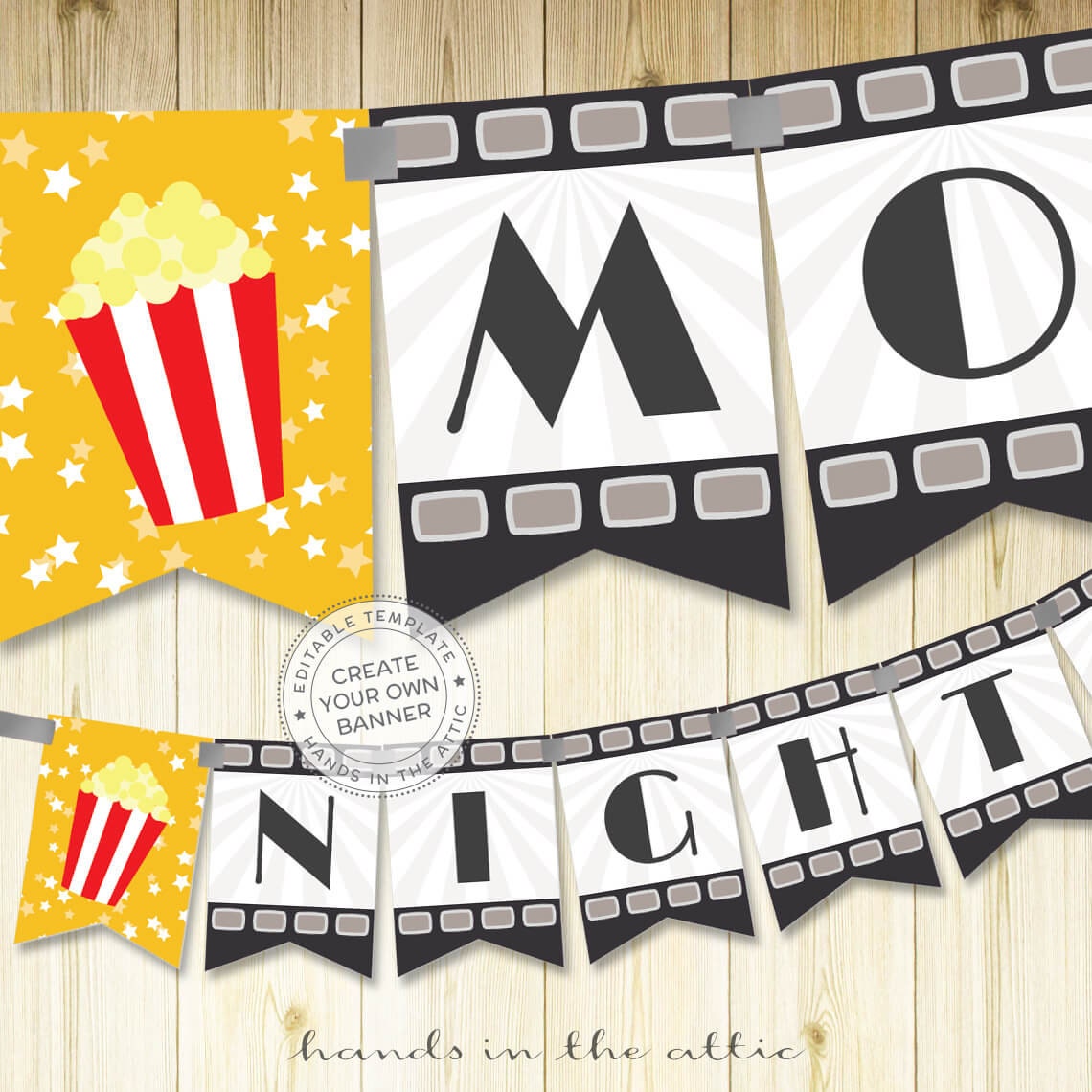 Film night party banner template, editable DIY banner, movie party, night  at the oscars, popcorn banner, party bunting, DIGITAL download PDF Pertaining To Diy Party Banner Template