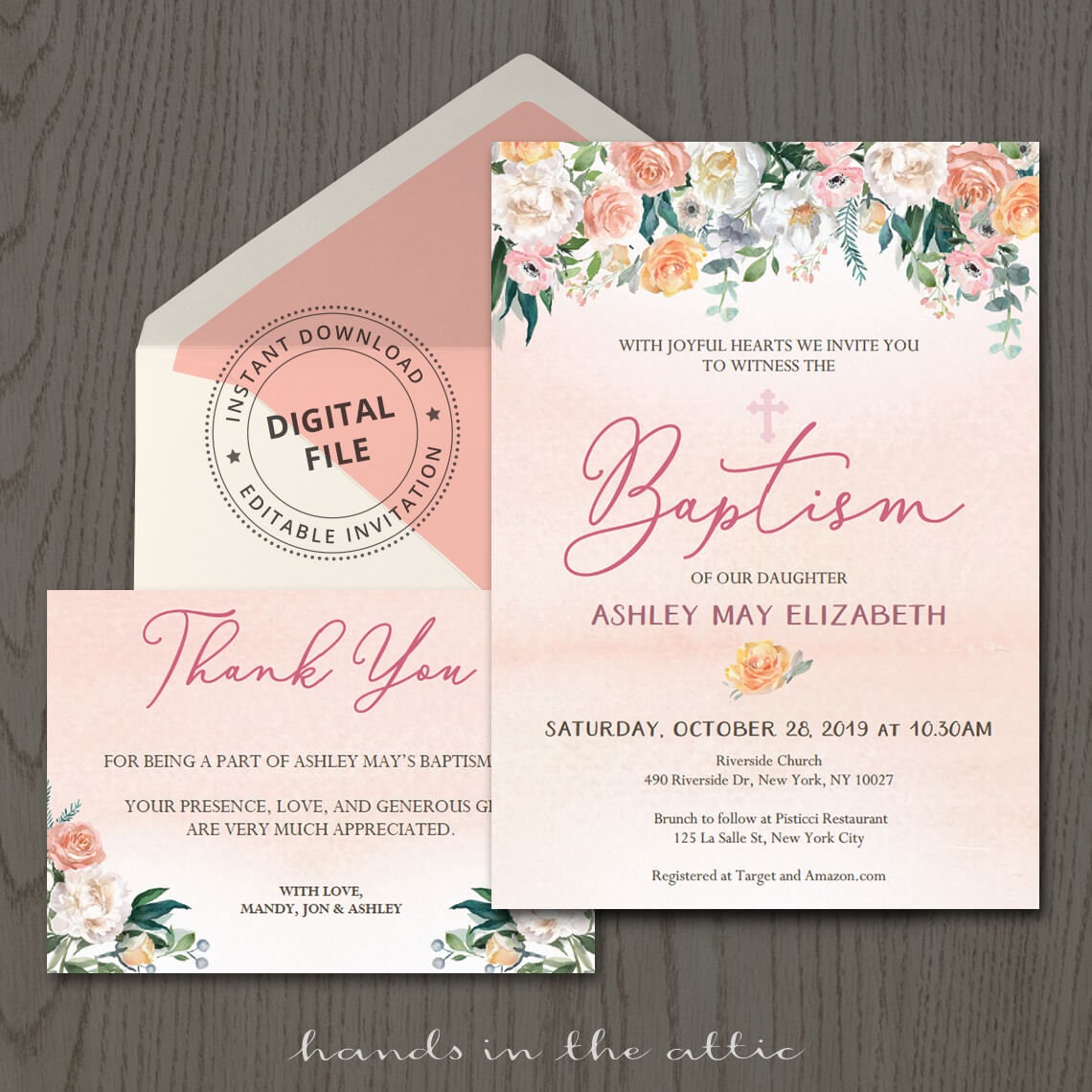 Printable baptism invitation template with thank you card, baby girl cross  christening, catholic christian, DIY editable PDF, digital file Throughout Blank Christening Invitation Templates