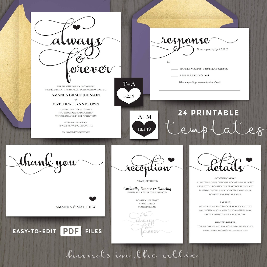 Printable Wedding Invitation Kits Sets, in Black, Customizable, and ...