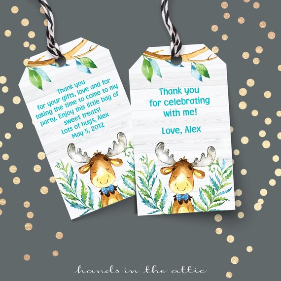 Little buck shower favor tags to print, hunting deer moose zoo themed baby shower, watercolor elk, party favors gift tags printable PDF me49 Il_570xn