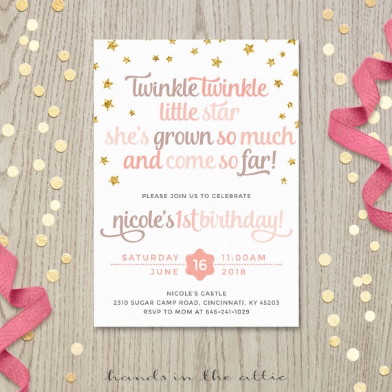 Twinkle twinkle little star, starry birthday poem invitation card printable, gold stars, twinkling stars, pink prose poetry invite DIGITAL Il_570xn
