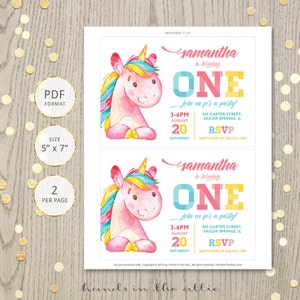 Printable Unicorn Birthday Party Invitation, First Birthday Invitation ...