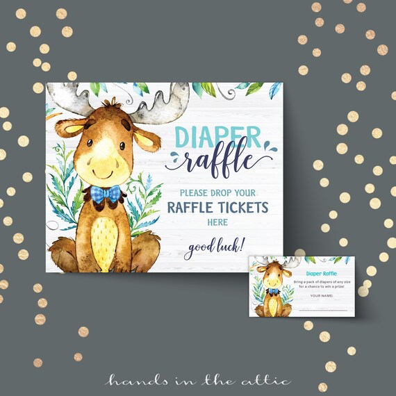 Printable diaper raffle sign and mini cards for hunting little buck moose baby shower - decoration and signage, instant download me49 Il_570xn