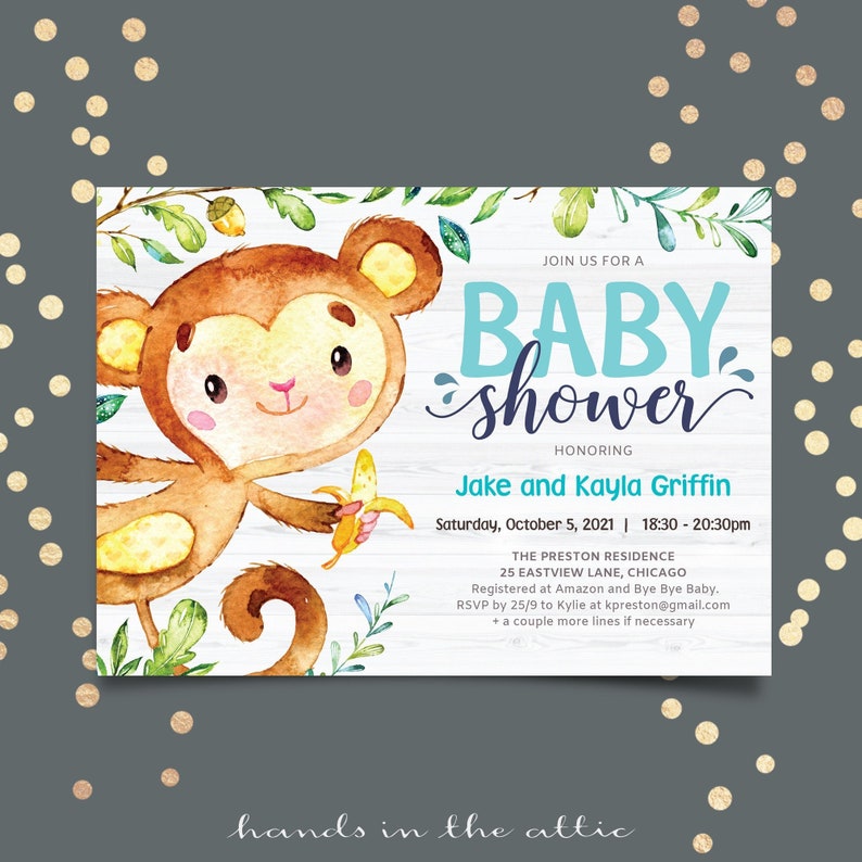 Monkey baby boy shower invitation, jungle theme printable template, playful swinging ape with banana, instant diy PDF, editable me35 image 1