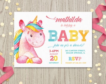 Unicorn baby shower invitation, party printable invite supplies, pink blue unicorn, mom to be, for girl, boy, neutral, customized DIGITAL