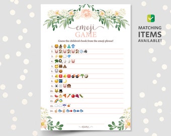 Baby shower emoji game pictionary printable with answer key, kids book titles, guess the children's book quiz, pink floral baby shower, pdf