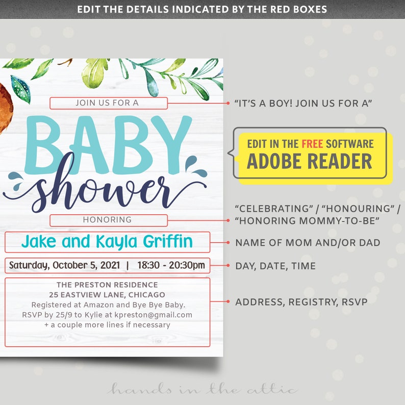 Monkey baby boy shower invitation, jungle theme printable template, playful swinging ape with banana, instant diy PDF, editable me35 image 4