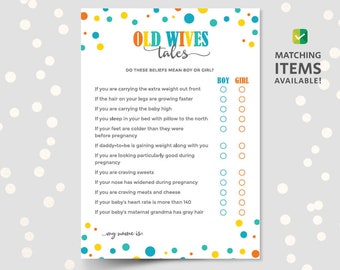 Old wives tales baby shower game PDF printable gender prediction template neutral coed boy or girl trivia list fact fiction guess confetti