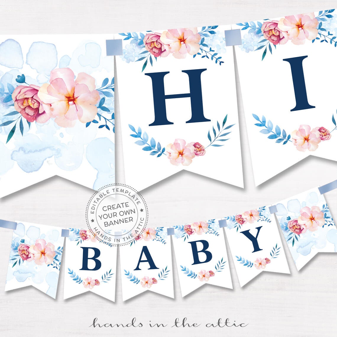 Printable floral banner template, couples baby shower, bridal, editable  alphabet banner, navy blue pink party name garland, DIGITAL PDF In Bridal Shower Banner Template