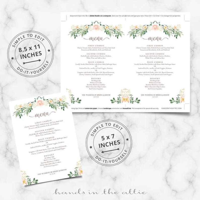 Rustic wedding menu rehearsal dinner menu template, sit down menus, home wedding, printable menu card templates, floral, editable, DIGITAL image 2