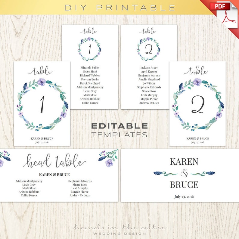 Floral wedding table numbers printable template, seating chart, wedding printables, head table, floral table numbers, DIY, digital download image 1