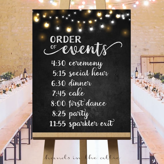 Order of events timeline sign printable, wedding day schedule of the day, personalized list ceremony reception, cocktail, chalkboard DIGITAL Il_570xn