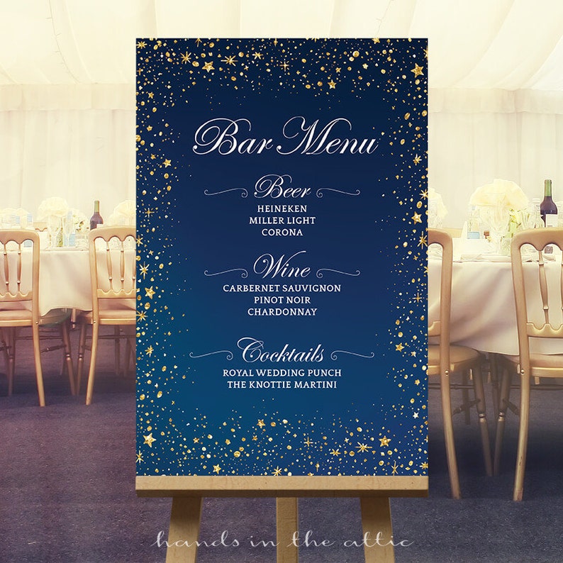 Bar menu sign, wedding, stars, template, large, gold stars, night sky, navy blue, signature drinks, cocktails, alcohol bar, DIGITAL image 1