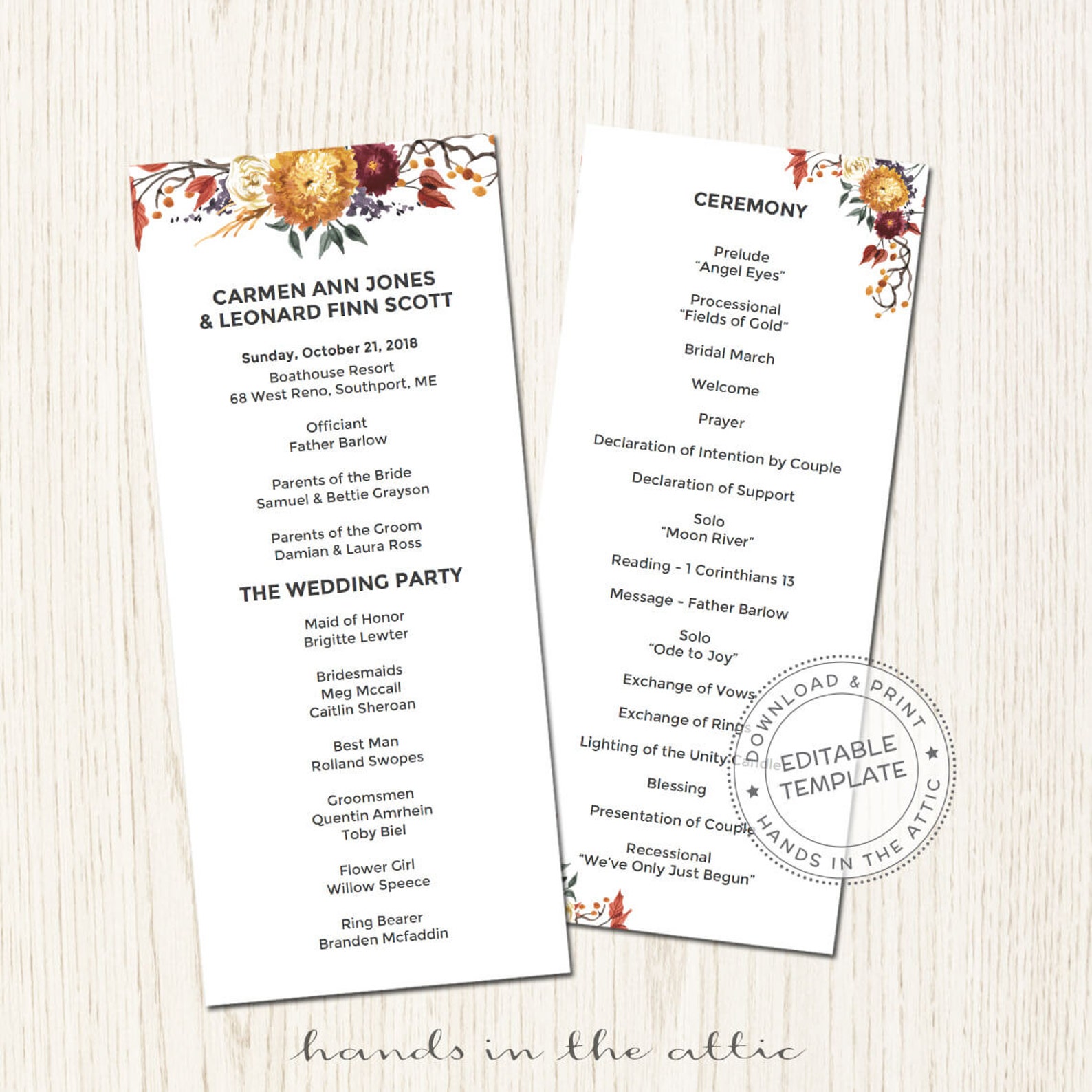 Editable Fall Wedding Program Template Autumn Flowers Fall - Etsy