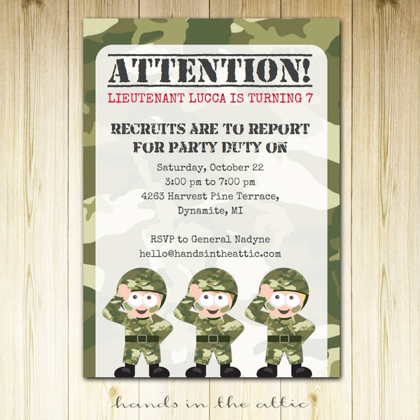 Fiesta de cumpleaños temática del ejército, tema de camuflaje fiesta de camuflaje, plantilla de invitación militar imprimible, invitación ejército DIY imprimible, archivo DIGITAL