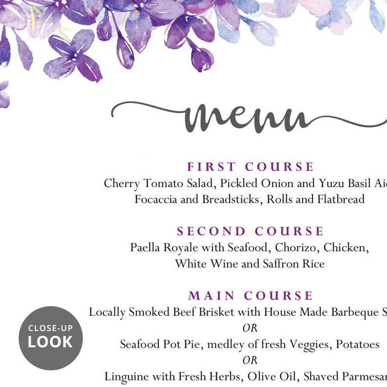 Printable menu cards for weddings, lilac lavender periwinkle wedding reception, buffet, purple theme formal dinner editable template DIGITAL image 4