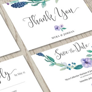 Floral wedding invitation set, customized card, personalized wedding printable, save the date, rsvp, thank you card, watercolor design image 3