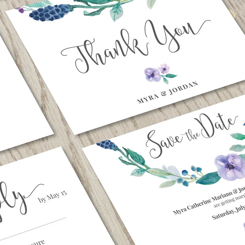 Floral wedding invitation set, customized card, personalized wedding printable, save the date, rsvp, thank you card, watercolor design image 3