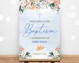 Baby baptism sign, christening celebration party welcome to signage, holy, catholic, pink, floral, girl boy, printable decorations, DIGITAL