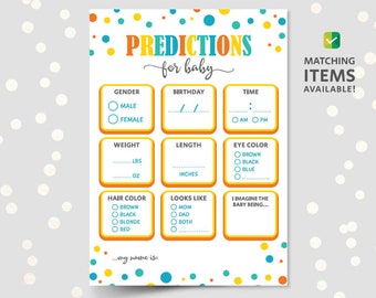 Baby shower prediction cards PRINTABLE game sheet template guess the stats statistics vitals activity for the baby boy girl colorful vibrant