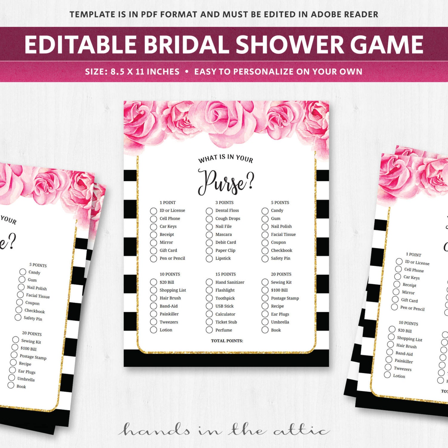 Whats in your purse wedding shower game editable template Etsy