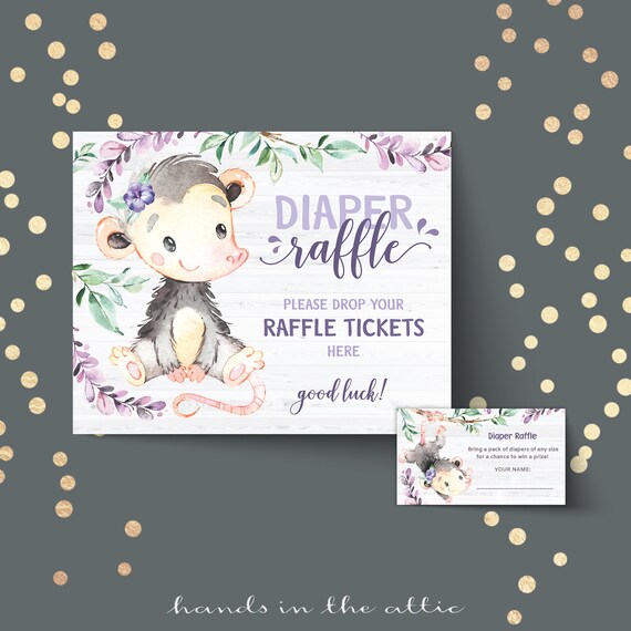 Printable diaper raffle tickets and sign for opossum theme baby shower - 8x10 and small card insert, instant download PDF files om51 Il_570xn
