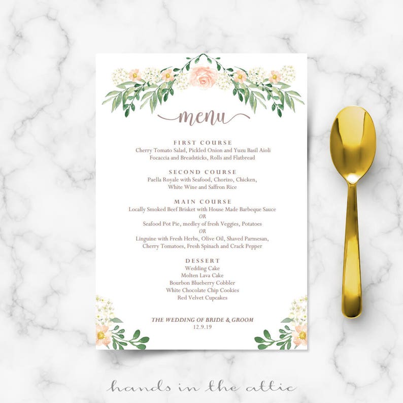 Rustic wedding menu rehearsal dinner menu template, sit down menus, home wedding, printable menu card templates, floral, editable, DIGITAL image 1