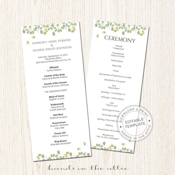 Wedding Program Template For A Greenery Ceremony Or Sage Garden