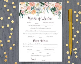 Wedding mad libs template, funny printable, advice, worksheets, guest book, keepsake cards, reception activities, floral theme, DIGITAL