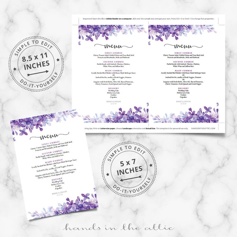 Printable menu cards for weddings, lilac lavender periwinkle wedding reception, buffet, purple theme formal dinner editable template DIGITAL image 2