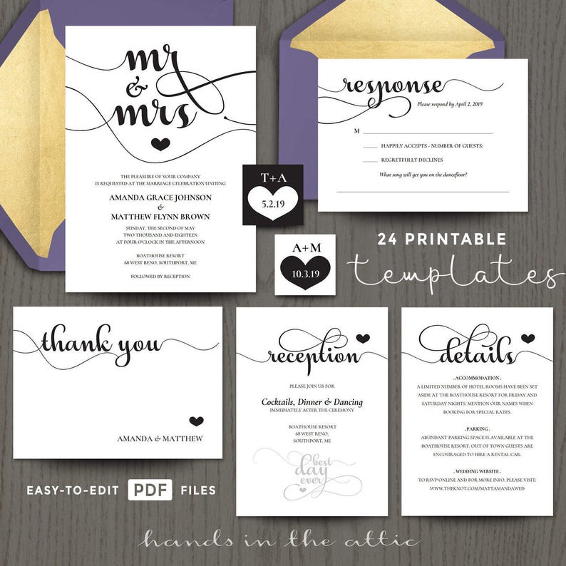 Diy Wedding Invitation Kits Mr And Mrs Printable Do It Yourself Templates Editable Pdf Black White Script Digital
