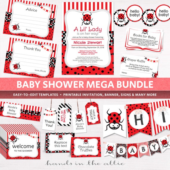 Baby shower party package, cute animal baby shower editable invitation, baby girl shower ideas, PRINTABLES set, templates, lady bug, DIGITAL Il_570xn