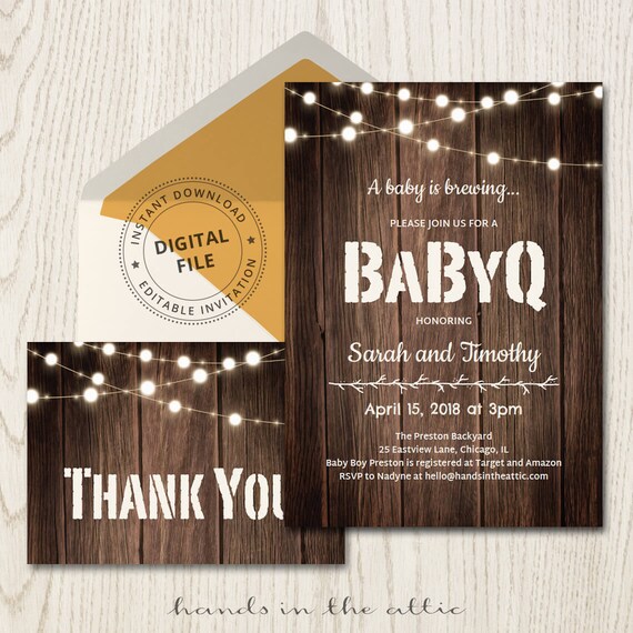Coed Baby Shower Invitations Babyq Barbecue Invite Gender Neutral Backyard Rustic String Lights Couple For Girls Boys Instant Digital