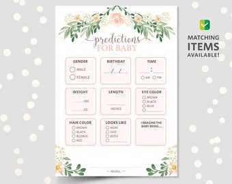 Predictions game, baby shower, printable game card, floral baby girl shower, guessing game, baby stats, printable game, DIGITAL