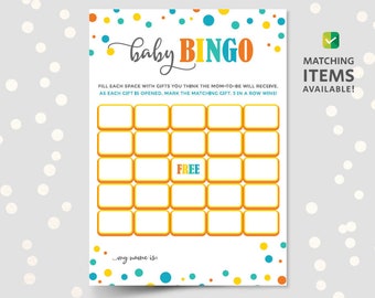 Printable bingo cards for baby shower, blank game template, PDF DOWNLOAD, for girl or boy gender neutral, green instant, confetti themed