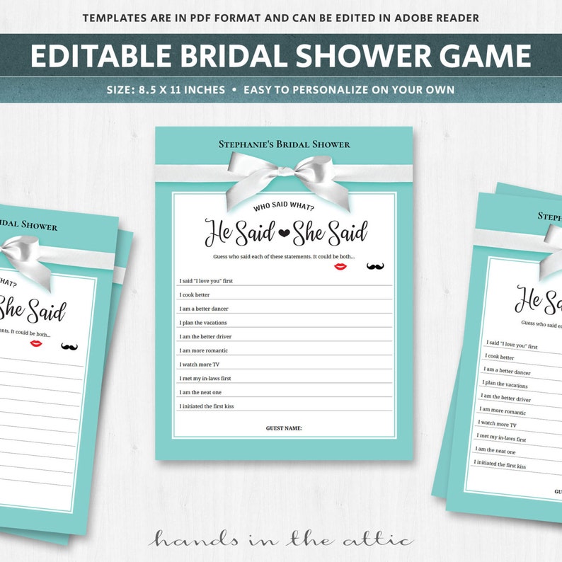 He said she said game template, guess who bride or groom, wedding questions game, bride and groom question game, bridal party games, DIGITAL image 1