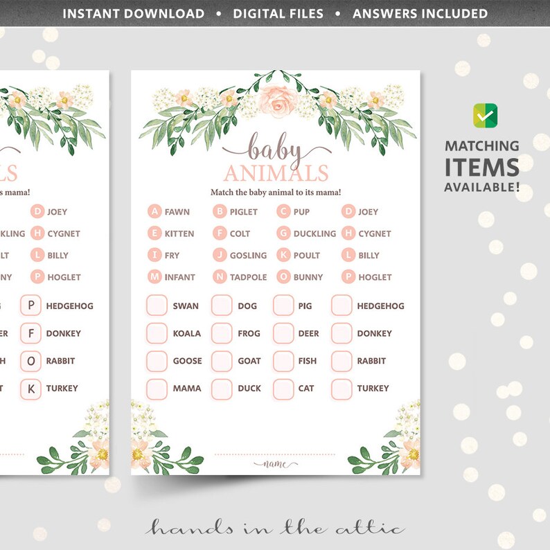 Animal Matching Baby Shower Game Baby Animals Match Up Name Etsy