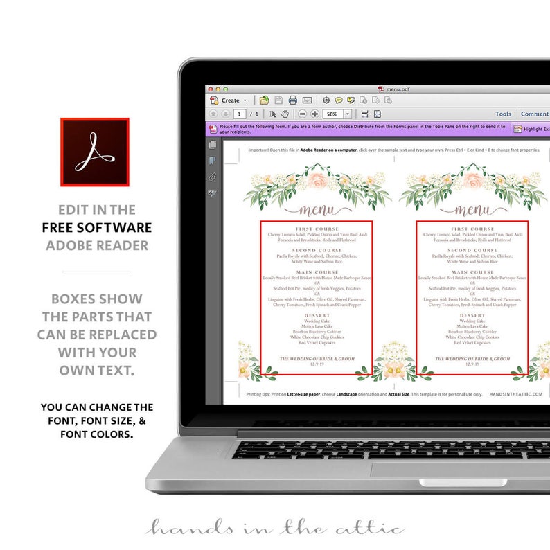 Rustic wedding menu rehearsal dinner menu template, sit down menus, home wedding, printable menu card templates, floral, editable, DIGITAL image 3