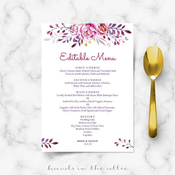 Printable menu cards, do it yourself DIY, card template, wedding luncheon buffet dinner templates, pink purple flowers editable PDF DIGITAL