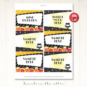 Movie Party Labels Food Tent Cards, Editable TEMPLATE, Printable Party ...