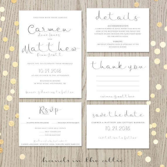 Printable Wedding Invitation Suite Script Invitation Kit Modern Calligraphy Rsvp Thank You Save The Date Digital Files Jpg By Hands In The Attic Catch My Party