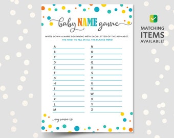 Printable baby name race game template PDF cards, confetti theme baby shower games, polka dots, INSTANT DOWNLOAD
