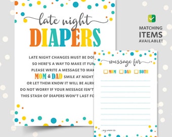 Late night diapers PRINTABLE, messages sign and signage for baby shower games nighttime nappies change poem new mommies parents midnight pdf