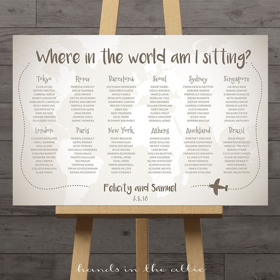 World Map Wedding Seating Chart Travel Theme City Destination Etsy