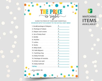 The price is right baby shower game PRINTABLE template cards sheets, for boys girls unisex coed large groups, pdf instant DOWNLOAD