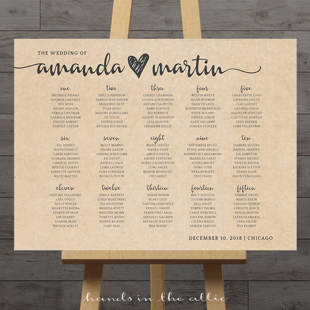 Large Wedding Seating Chart, Printable Guest Table Assignment List