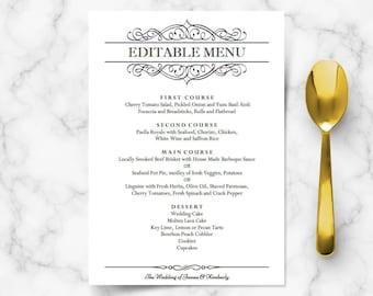 Elegant wedding menu template, editable wedding menu card, printable classy black and white dinner calligraphic design, DIGITAL download PDF