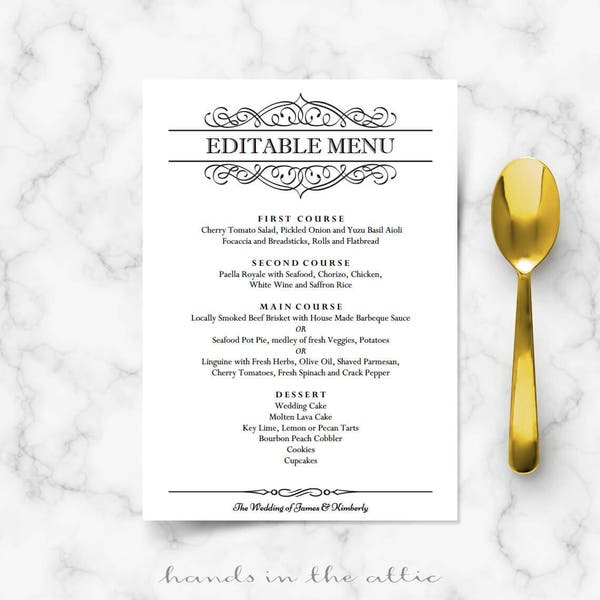 Elegant wedding menu template, editable wedding menu card, printable classy black and white dinner calligraphic design, DIGITAL download PDF