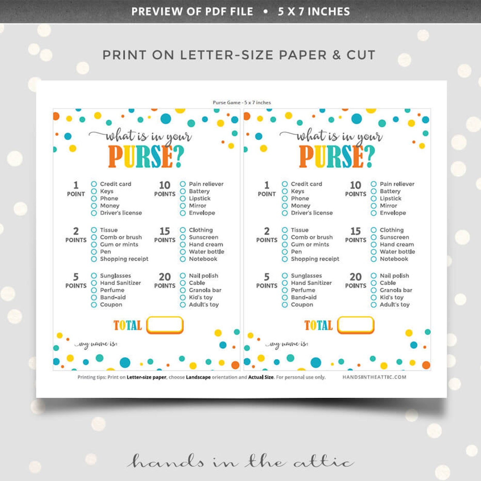 Whats in Your Purse Scavenger Hunt Game Count Points in Your Etsy