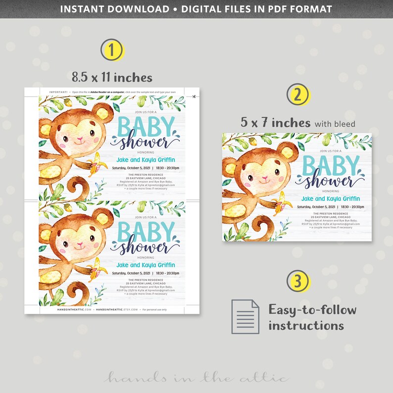 Monkey baby boy shower invitation, jungle theme printable template, playful swinging ape with banana, instant diy PDF, editable me35 image 2